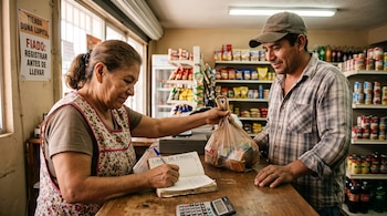 Una mujer detrás del mostrador escribe en un cuaderno titulado Libro de fiados y entrega una bolsa con productos a un hombre.