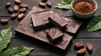 Una tableta de chocolate partida, granos de cacao, hojas verdes y un bol con cacao en polvo sobre una mesa de madera oscura.
