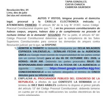 Documento legal impreso que muestra la Resolución Nro. 01, con texto judicial, encabezado con nombres y un enlace de Google Meet resaltado en azul