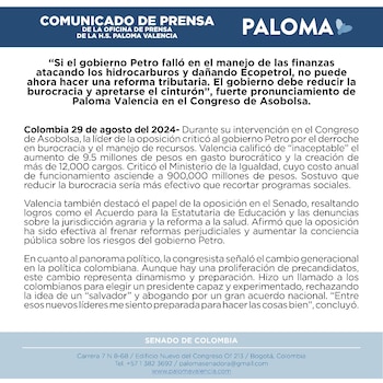 Paloma Valencia, senadora por el Centro Democrático, criticó que el Gobierno Petro se dedique a la burocracia - crédito Paloma Valencia