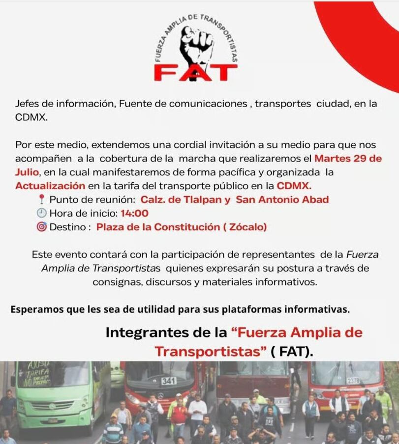 La movilización social será este martes 29 de julio en la CDMX. Foto: Fuerza Amplia de Transportistas.