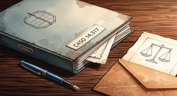 Mesa de madera oscura, expediente azul con etiqueta "Caso 14.317", documentos sobresaliendo, pluma estilográfica azul, sobre marrón, dibujo de balanza.