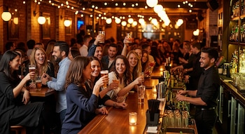 Múltiples personas en un bar iluminado, riendo y brindando con bebidas. Un camarero sonriente prepara cócteles en el lado derecho de la barra.