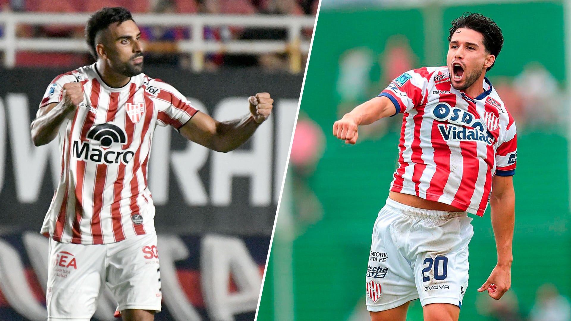 Jugadores de Instituto y Unión, con camisetas a rayas rojas y blancas, celebran con los puños en alto en la previa de su encuentro por el Torneo Apertura.