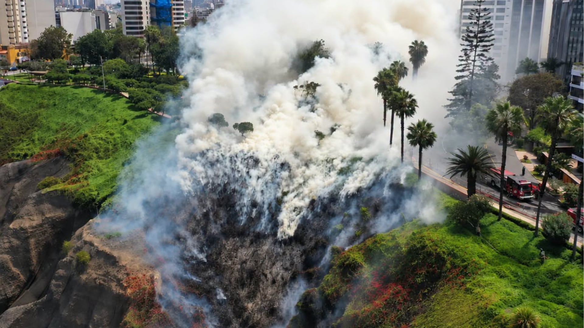 Una columna de humo blanco se eleva sobre el acantilado de la Costa Verde en Lima tras un incendio que afectó la vegetación y la geomalla. (@jonathancastrobingtse)