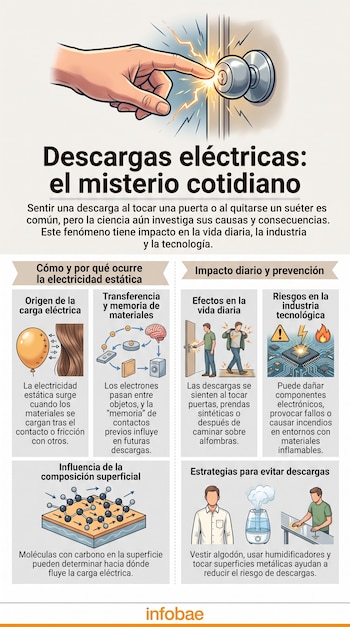 Infografía con ilustraciones y texto sobre electricidad estática, incluyendo una mano que toca un picaporte con chispa, y secciones de origen, impacto y prevención.