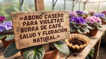 Un cartel de madera con texto junto a macetas de violetas y un filtro con borra de café sobre una mesa de madera en un invernadero.
