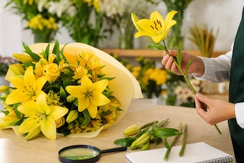 Las manos de una persona sostienen un lirio amarillo junto a un ramo envuelto, tallos sueltos, un cuaderno y una lupa sobre una mesa de madera.