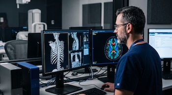 Un médico de perfil con anteojos y uniforme azul observa monitores con imágenes de una columna vertebral y una estructura cerebral.