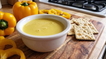 Un tazón blanco con salsa amarilla, pimientos amarillos enteros y en rodajas, galletas saladas y una tabla de cortar de madera.