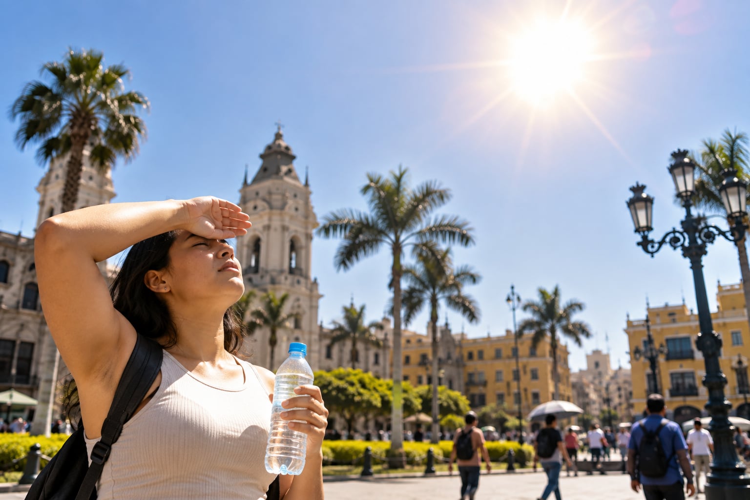 Una mujer se cubre del sol intenso en el centro histórico de Lima durante la alerta por el Fenómeno El Niño emitida por el Senamhi. (Imagen Ilustrativa Infobae)