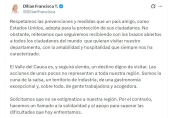 La gobernadora Dilian Francisca Toro rechazó cualquier lectura que, según ella, afecte la imagen del departamento y pidió no generalizar la situación de orden público - crédito @DilianFrancisca/X