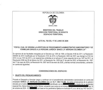Este es el auto en el que se confirma la imputación a J.P. Morgan Colombia S. A. por parte del Ministerio de Trabajo - crédito suministrado a Infobae Colombia