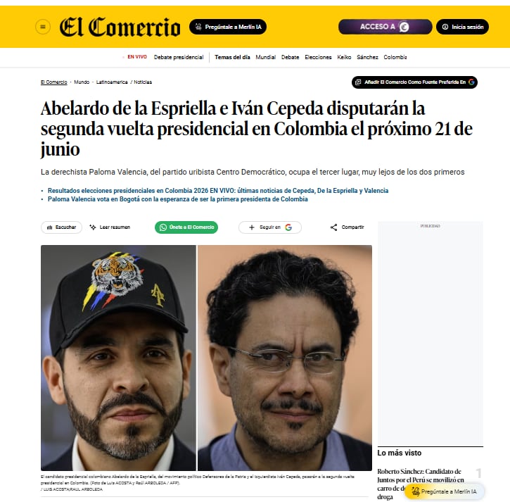 Publicación El Comercio Perú sobre las Elecciones en Colombia - crédito El Comercio Perú