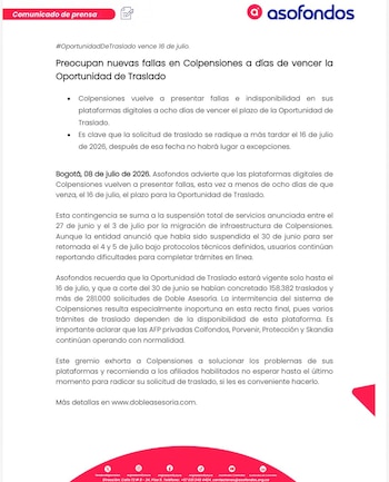 La Oportunidad de Traslado acumuló 158.382 traslados al 30 de junio y más de 281.000 solicitudes de Doble Asesoría, según Asofondos - crédito Asofondos