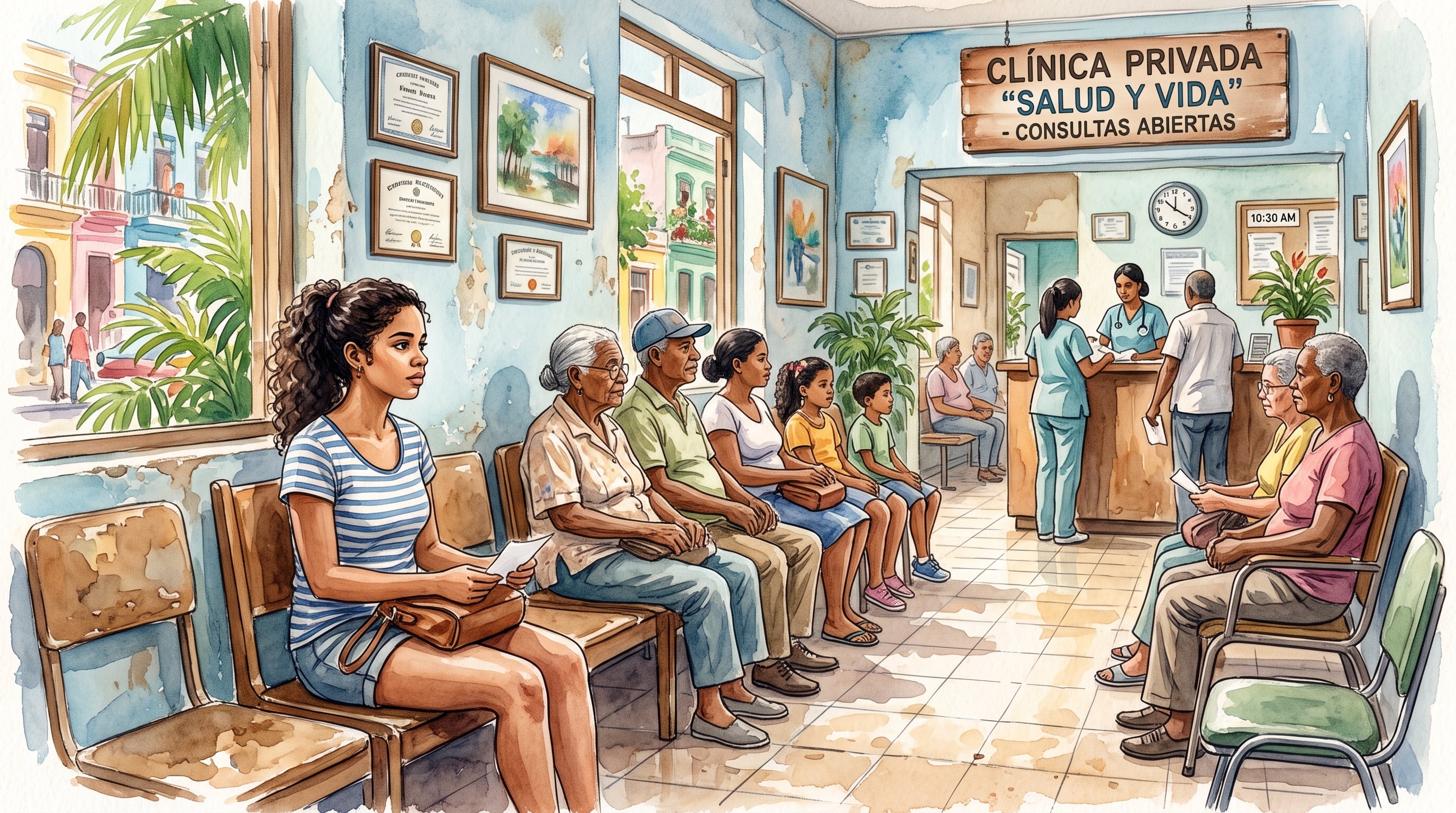 Una mujer joven aguarda junto a otros pacientes en la sala de espera de una clínica privada identificada como Salud y Vida en Cuba. (Imagen Ilustrativa Infobae)