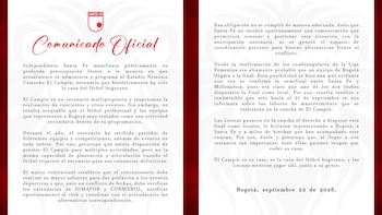 Comunicado de Independiente Santa Fe manifestando su preocupación por la decisión de Sencia de no jugar la final del fútbol femenino en El Campín - crédito Santa Fe
