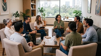 Personas sentadas en sillones alrededor de una mesa de madera en una oficina durante una conversación de trabajo.