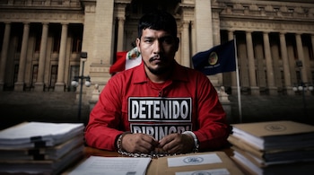 Hombre con barba y bigote, camisa roja con la palabra DETENIDO, esposado en una mesa con documentos. Al fondo, edificio con columnas, bandera de Perú y otra bandera.