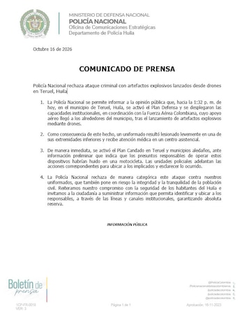 La Policía Nacional implementó un "plan candado" en Teruel y municipios aledaños, luego de producirse el ataque con drones - crédito @HuilaPolicia/X