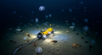 Un sismómetro amarillo y negro descansa en el lecho marino arenoso con cables y luces; varias medusas, peces, cangrejos y langostas lo rodean.
