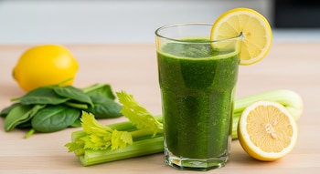 Vaso de jugo verde con rodaja de limón, junto a hojas de espinaca, tallos de apio y limones enteros y cortados en una mesa de madera.