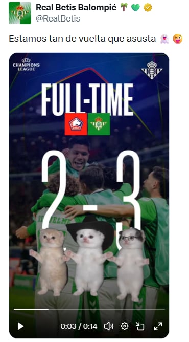 El Real Betis venció 3-2 al Lille en Francia y regresó a la Champions League tras 21 años de ausencia. (X/ @RealBetis)