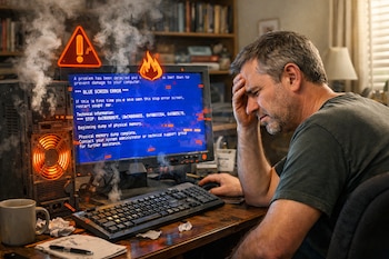 Hombre con barba gris se toma la cabeza junto a una computadora que emite humo. La pantalla muestra un "error de pantalla azul" y el interior del CPU está naranja brillante.