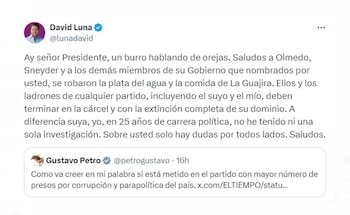 La polémica se intensificó cuando Luna destacó su historial político limpio, contrastándolo con las dudas que rodean a Petro - crédito @lunadavid/X