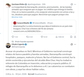 El expresidente del Senado Efraín Cepeda rechazó declaraciones del presidente Petro sobre la inseguridad en Barranquilla - crédito @EfrainCepeda/X