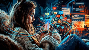 Ilustración de una mujer mirando fijamente un smartphone. Del teléfono emanan líneas de colores y burbujas de iconos de redes sociales, sobre un fondo digital oscuro.