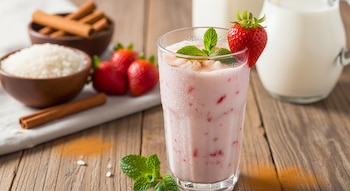 Un vaso de horchata de fresa rosada con trozos de fruta y gotas de condensación, decorado con una fresa y menta, sobre madera con arroz y canela.