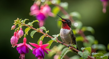 Un colibrí con plumaje verde y rojo iridiscente se posa en una rama con flores de fucsia rosadas y moradas, cubiertas de gotas de agua.