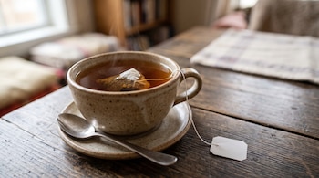 Taza de cerámica con té caliente, su plato, una cuchara y una bolsita de té sobre una mesa de madera.