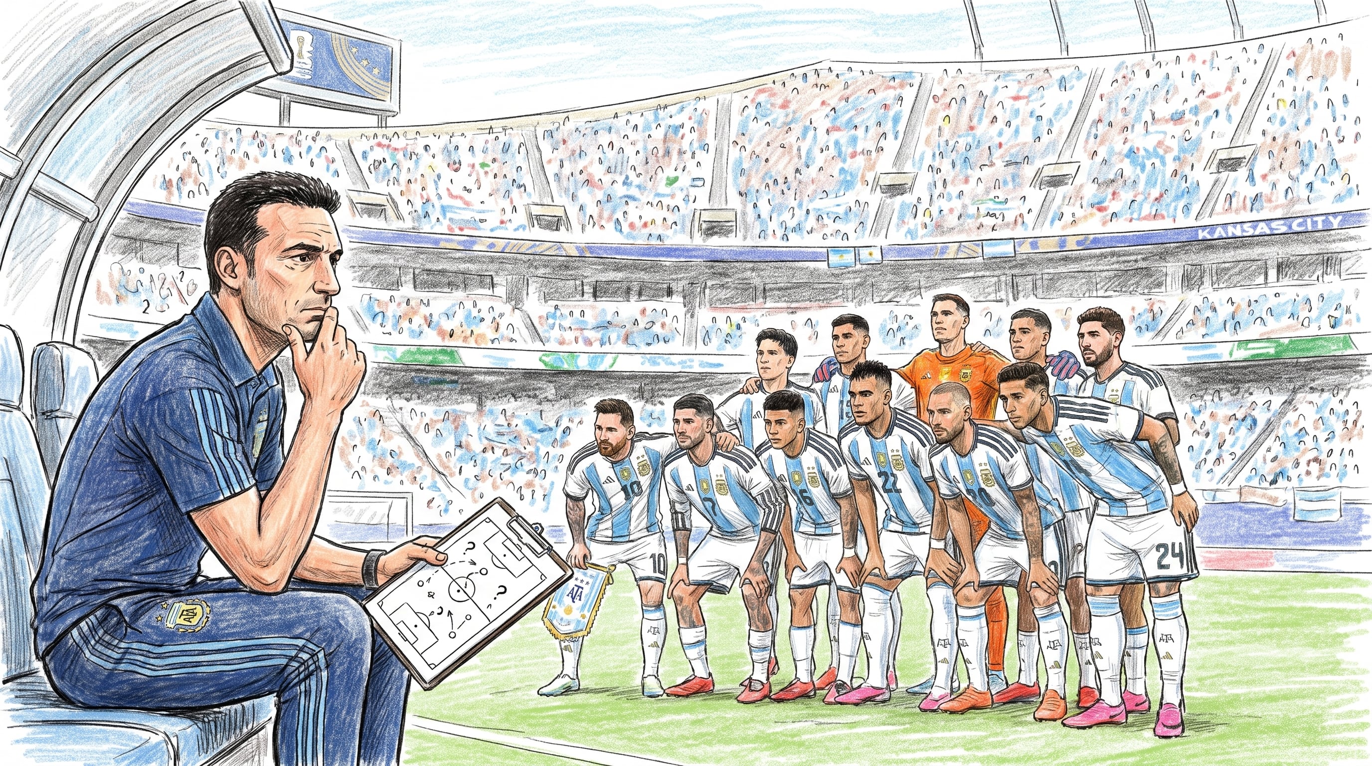 El director técnico Lionel Scaloni reflexiona sobre la estrategia del equipo argentino mientras observa a los jugadores en el campo de un estadio en Kansas City. (Imagen Ilustrativa Infobae)