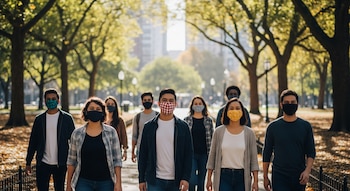 Un grupo diverso de ocho personas, la mayoría jóvenes, caminan hacia adelante por un camino arbolado con hojas caídas, todos con mascarillas de tela.