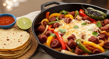 Una sartén de hierro fundido con alambre de chorizo, pimientos, cebolla y queso derretido. Al lado, tortillas de maíz, salsa roja y una lima.