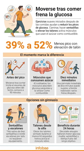 Infografía sobre el control de glucosa con ilustraciones de personas realizando ejercicios, iconos de relojes y músculos, y el logotipo de Infobae.