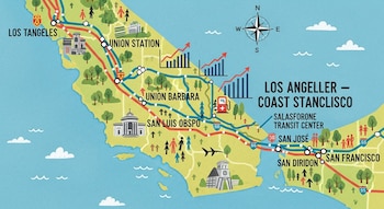 Mapa ilustrado de California destacando las rutas de tren entre Los Ángeles y San Francisco con estaciones, íconos de pasajeros y gráficos de precios de gasolina.