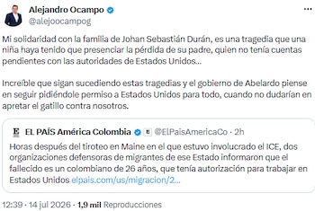 Alejandro Ocampo criticó relación bilateral tras muerte de colombiano en operativo de ICE - crédito @alejoocampog/X