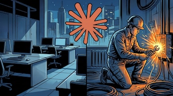 Ilustración de una oficina vacía de noche, un electricista ajustando un panel eléctrico con chispas y un símbolo naranja en el centro.