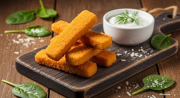 Fingers dorados apilados sobre una tabla de madera oscura, con un cuenco de salsa blanca, hojas de espinaca y queso rallado sobre una mesa de madera.