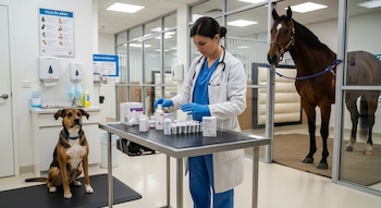 Una veterinaria con bata, un perro tricolor sentado, un caballo marrón, una mesa de trabajo con frascos de medicamentos y cajas blancas.