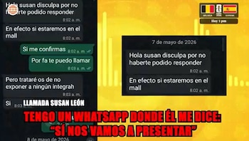 Capturas de pantalla de una conversación de WhatsApp con mensajes de texto, horas y fechas, con un texto superpuesto "Llamada Susan León" y un banner de un partido de fútbol