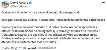 David Racero reclama decreto de emergencia para atender crisis humanitaria - crédito @DavidRacero/X