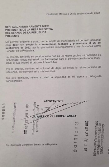 Américo Villarreal desisitó regresar al