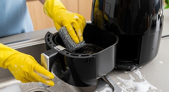 Primer plano de manos con guantes amarillos lavando el interior sucio de una freidora de aire negra con una esponjilla metálica sobre un fregadero de cocina.