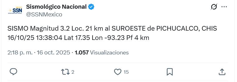 Epicentro del sismo de magnitud 3,2 registrado el 16 de octubre de 2025 al suroeste de Pichucalco, Chiapas, según informó el Servicio Sismológico Nacional.