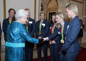 Queen Elizabeth meets athletes during a reception for Team GB and ParalympicsGB medallists from the 2016 Olympic and Paralympic Games at Buckingham Palace in London. October 18, 2016. REUTERS/Yui Mok/Pool