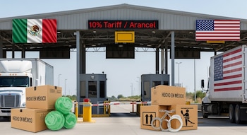 Cruce fronterizo con camiones de México y EE. UU., letrero "10% Arancel" y cajas "Hecho en México", una con esposas simulando trabajo forzoso.